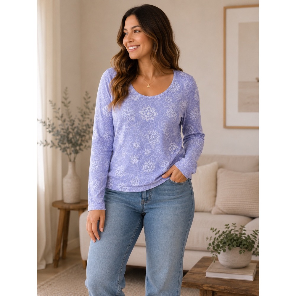 White Stag Purple Snowflake Swirl Long Sleeve Cotton Top XL 16-18 Crew Neck